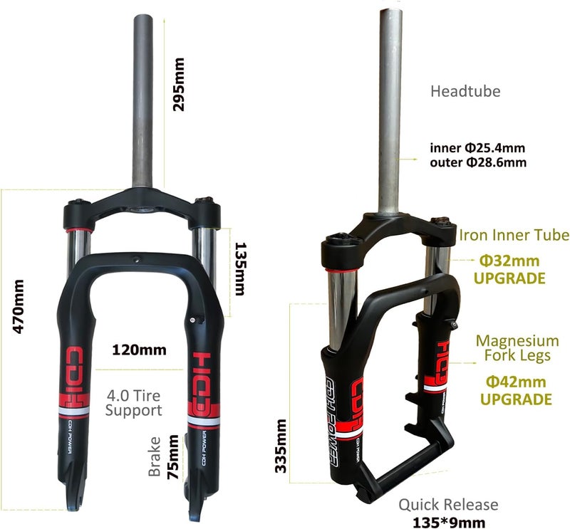 CDHPOWER 20" Bicycle 4.0" Fat Tire Suspension Fork 28.6mm Single Shoulder Straight Tube 1-1/8" Threadless Disc Brake Bike/Tricycle - Image 2